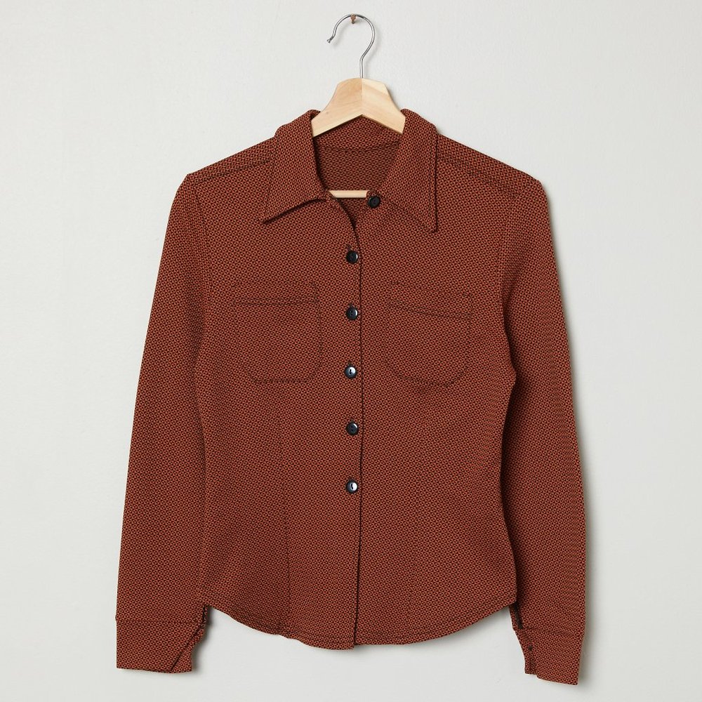 Vtg 70s Rust Geometric Print Knit Top S